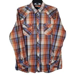 Roar Signature Mens XXL Orange Blue Plaid Embroidered Western Pearl Snap Shirt